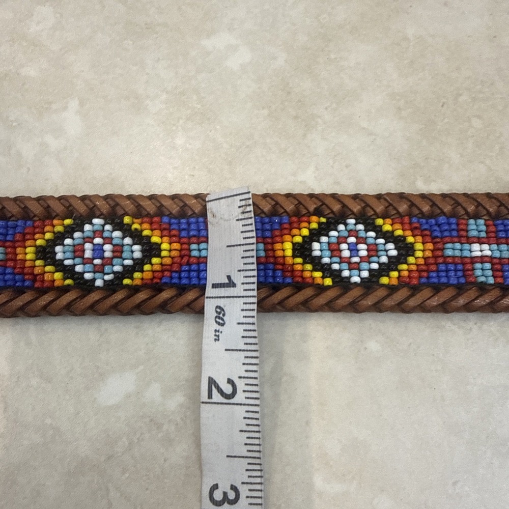 Vtg Southwestern Western Brown Leather Beaded Belt Sz 28 Native American Folk - Picture 7 of 11
